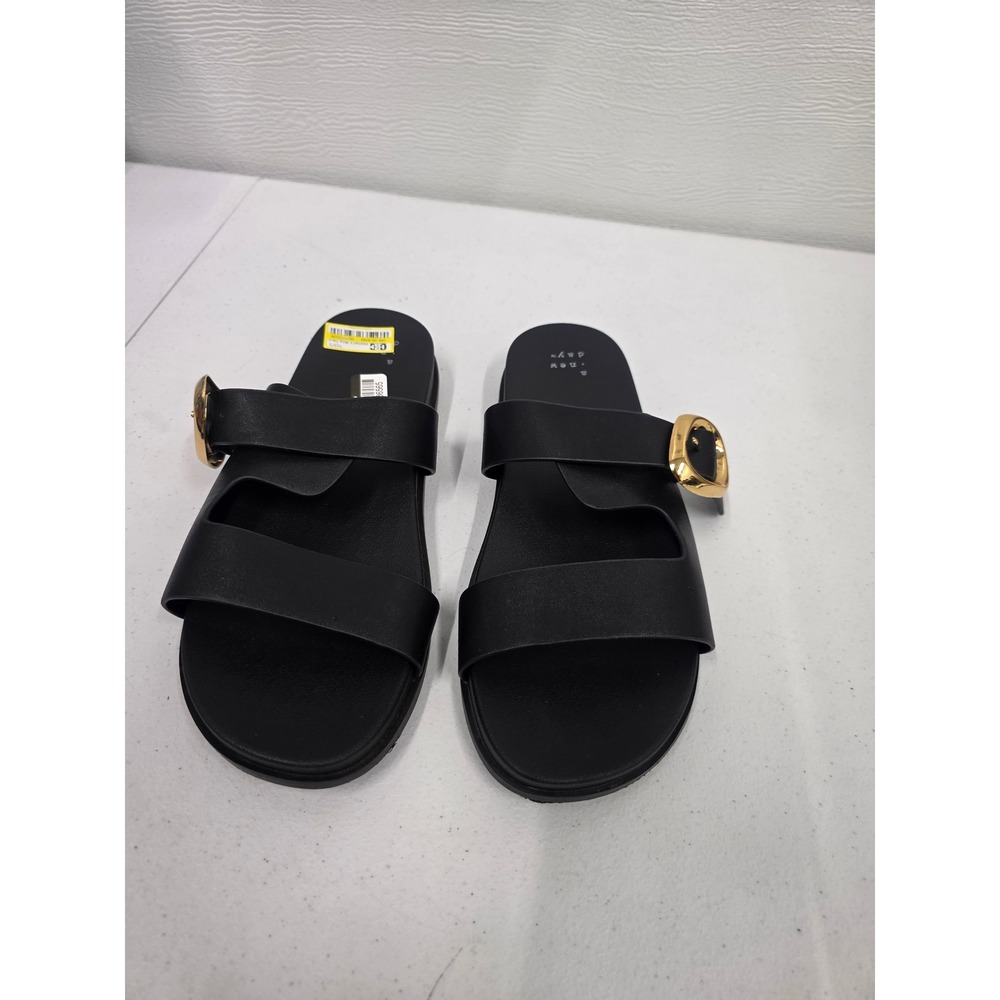 A New Day Womens Meg Slide Sandals Black Gold Buckle Two Strap Size 8